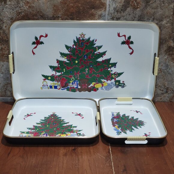 3 Piece Lacquered Tray Set Christmas Tree Scene Handled Lightweight Serving Tray - Picture 4 of 12